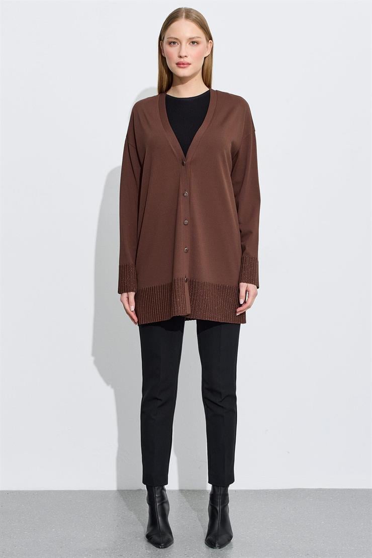 Eteği Simli Önden Düğmelı Rayon Hırka ACI KAHVE