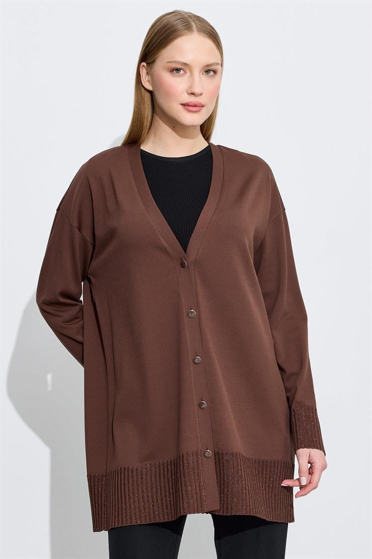 Eteği Simli Önden Düğmelı Rayon Hırka ACI KAHVE