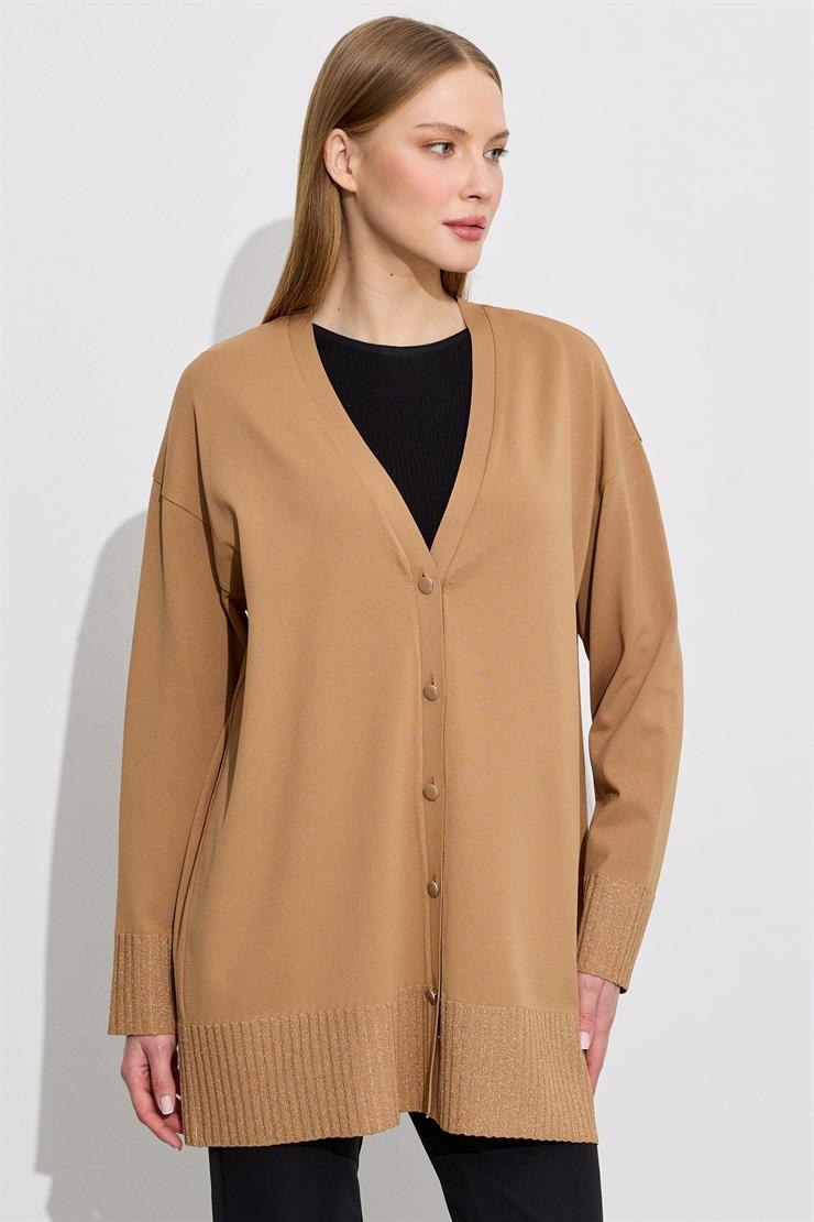 Eteği Simli Önden Düğmelı Rayon Hırka CAMEL