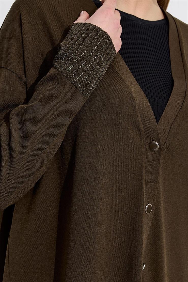 Eteği Simli Önden Düğmelı Rayon Hırka HAKİ