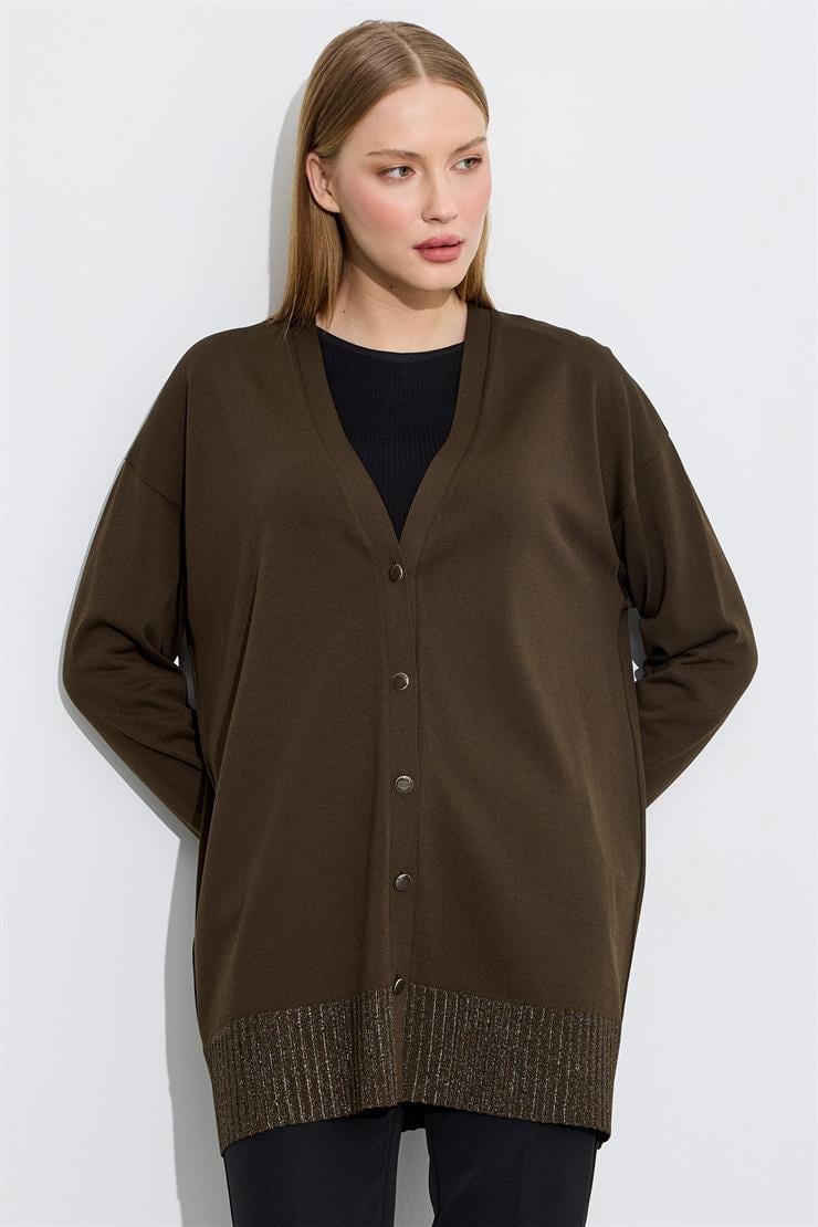 Eteği Simli Önden Düğmelı Rayon Hırka HAKİ