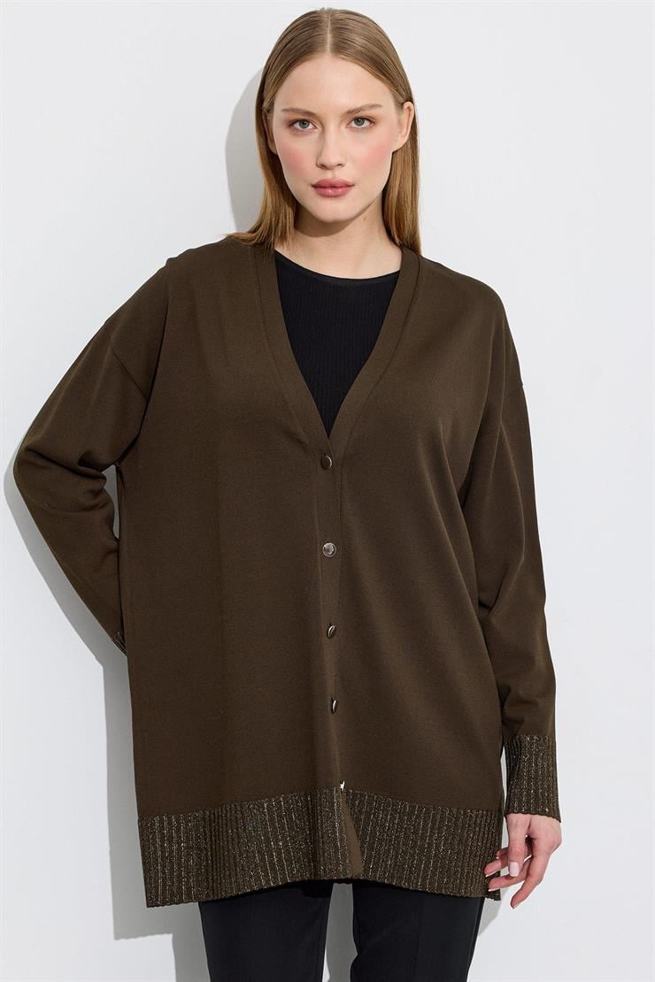 Eteği Simli Önden Düğmelı Rayon Hırka HAKİ