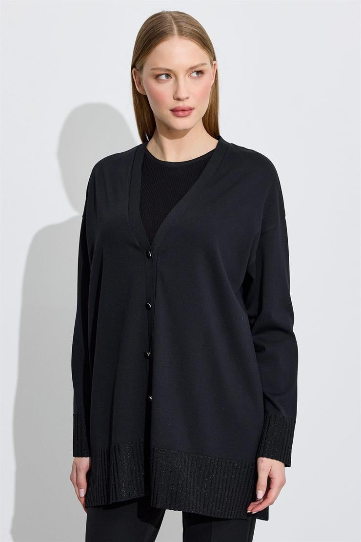 Eteği Simli Önden Düğmelı Rayon Hırka SİYAH