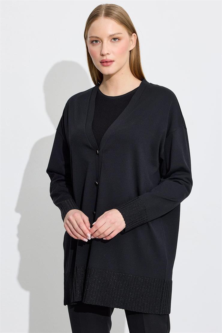 Eteği Simli Önden Düğmelı Rayon Hırka SİYAH