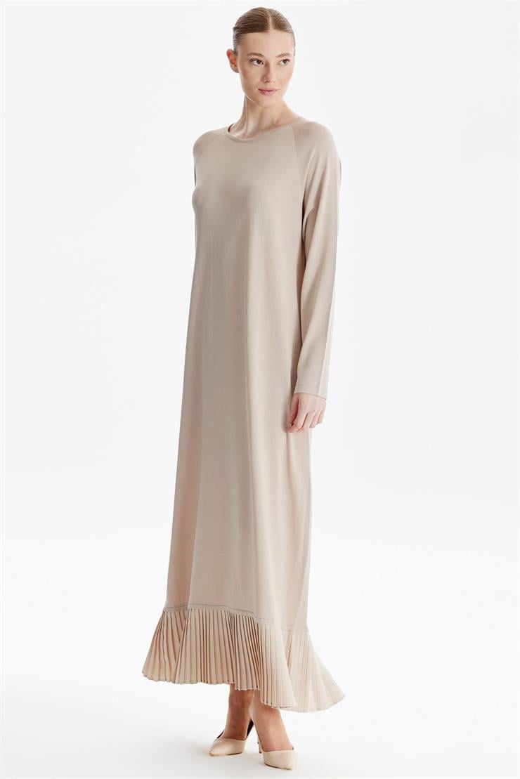 Etek Altı Piliseli Rayon Elbise BEJ