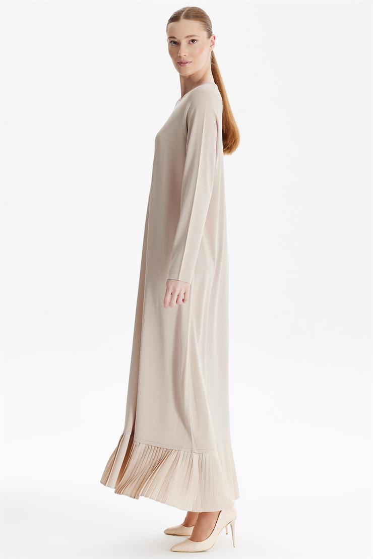 Etek Altı Piliseli Rayon Elbise BEJ