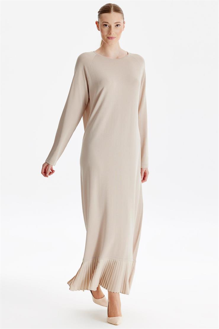 Etek Altı Piliseli Rayon Elbise BEJ