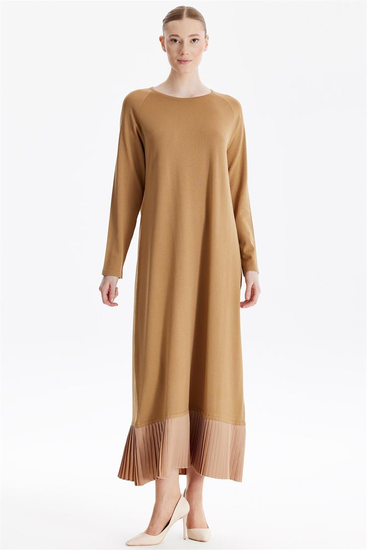 Etek Altı Piliseli Rayon Elbise CAMEL