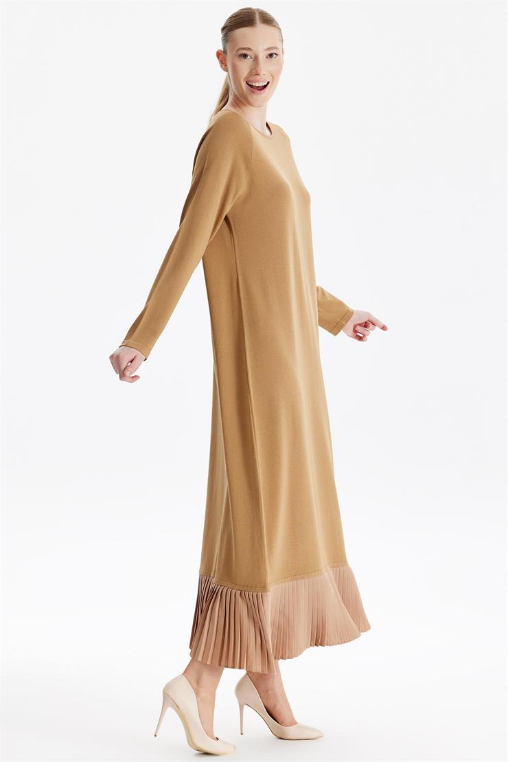Etek Altı Piliseli Rayon Elbise CAMEL