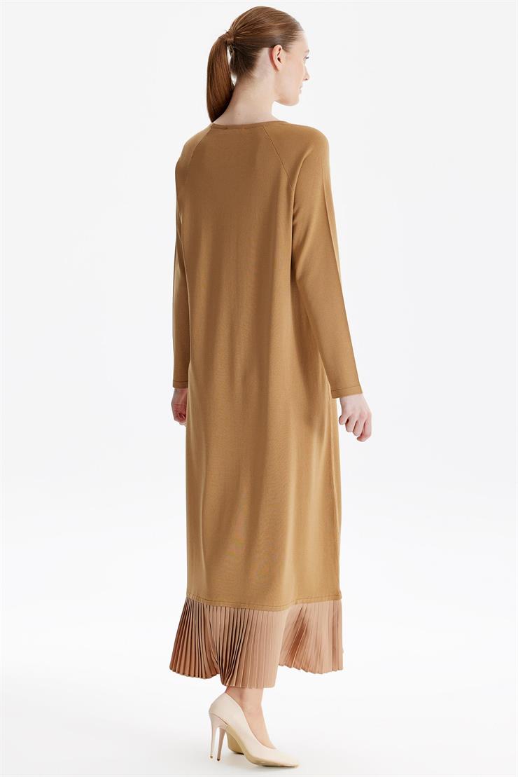 Etek Altı Piliseli Rayon Elbise CAMEL
