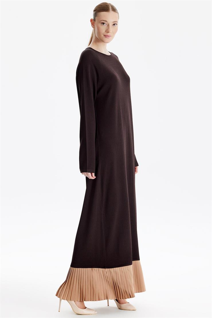 Etek Altı Piliseli Rayon Elbise KAHVE