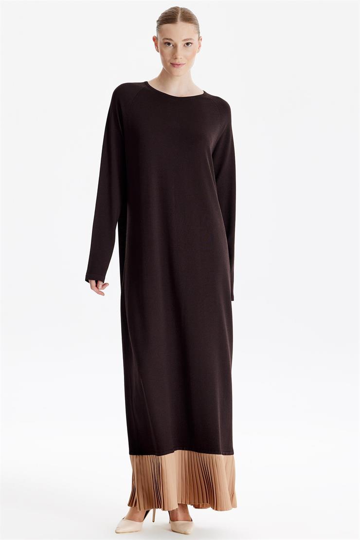 Etek Altı Piliseli Rayon Elbise KAHVE