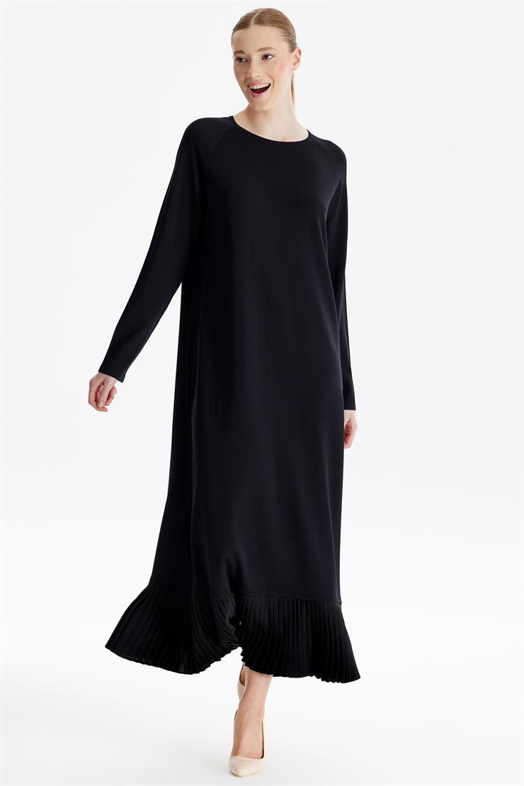 Etek Altı Piliseli Rayon Elbise SİYAH