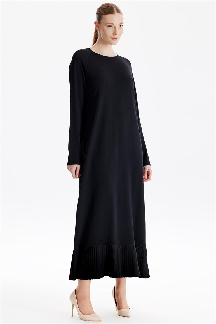 Etek Altı Piliseli Rayon Elbise SİYAH