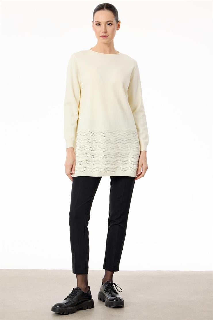 Etek Ucu Taş Detaylı Triko Tunik EKRU