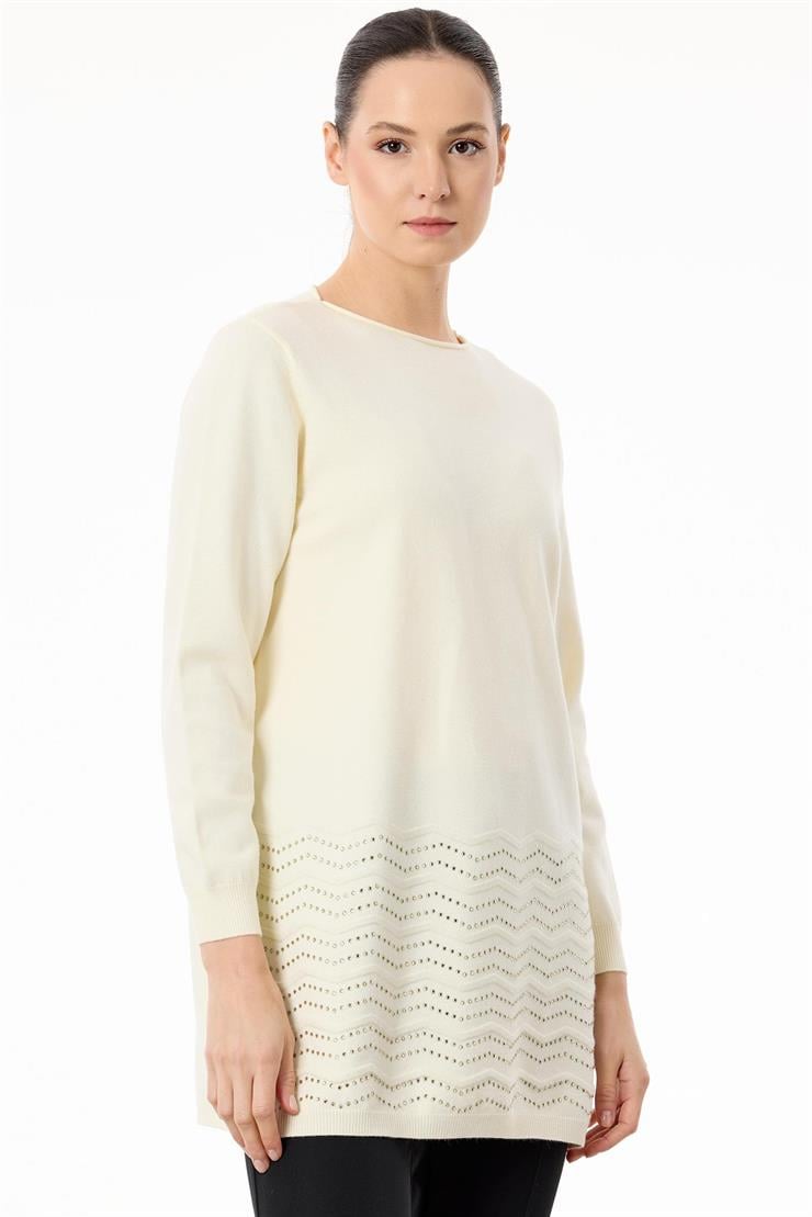 Etek Ucu Taş Detaylı Triko Tunik EKRU