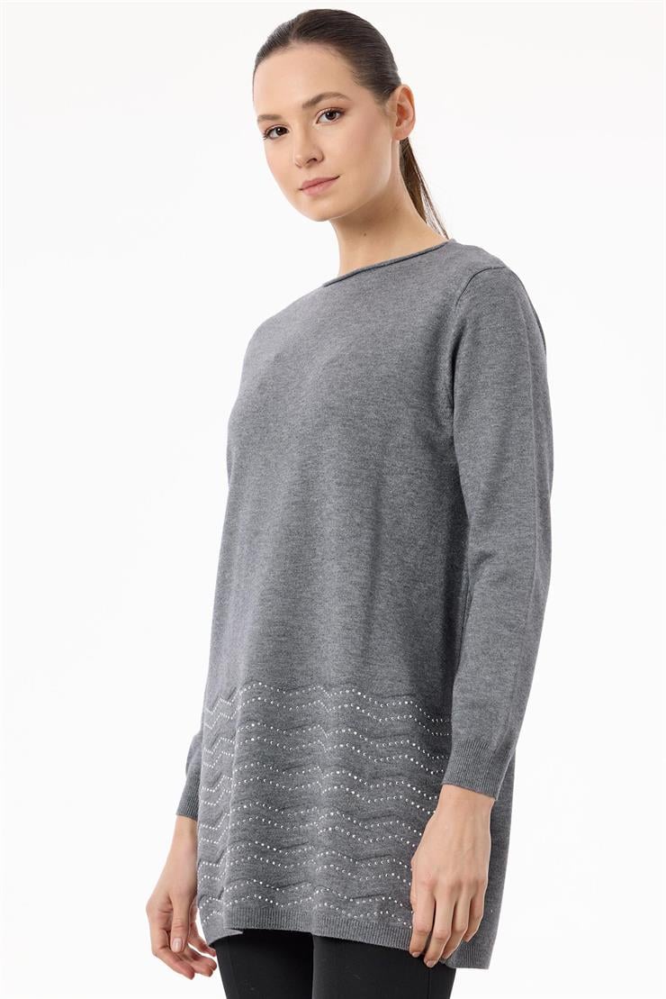 Etek Ucu Taş Detaylı Triko Tunik GRİ