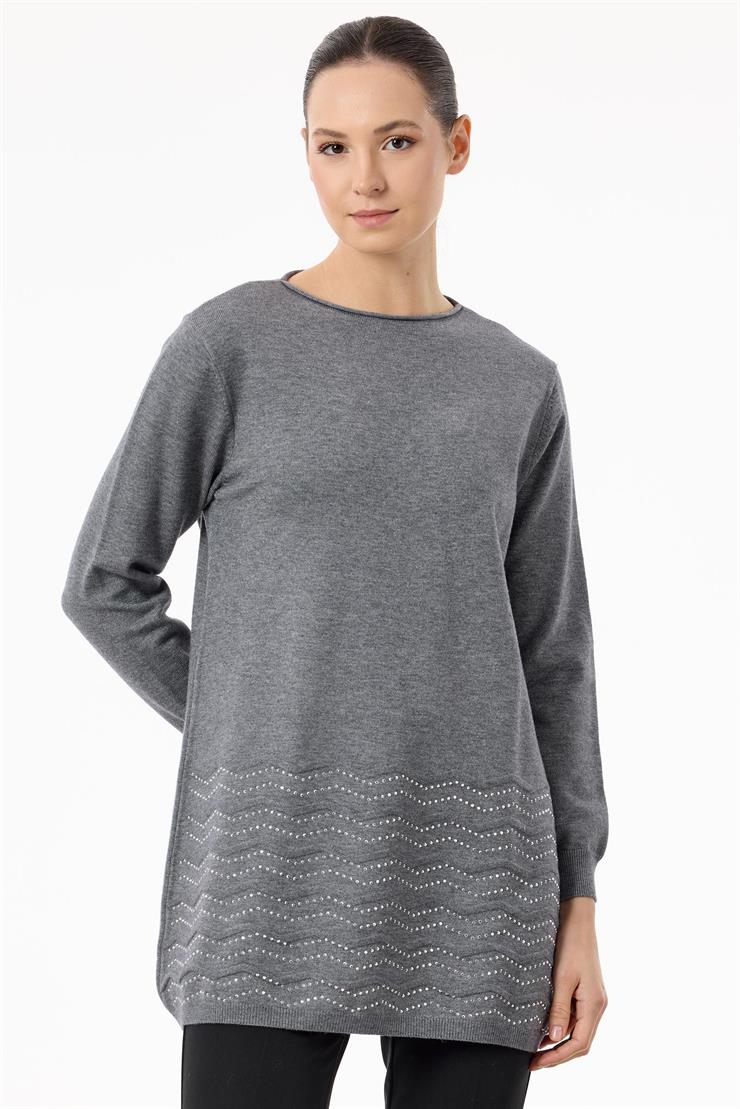 Etek Ucu Taş Detaylı Triko Tunik GRİ