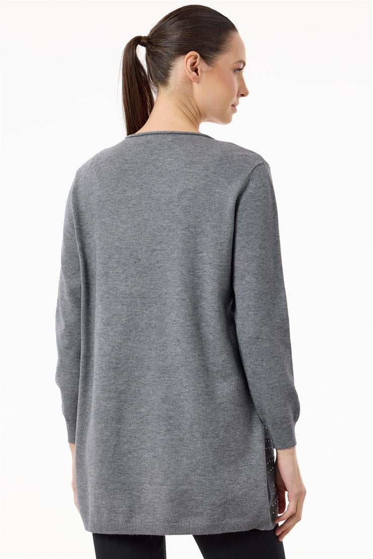 Etek Ucu Taş Detaylı Triko Tunik GRİ