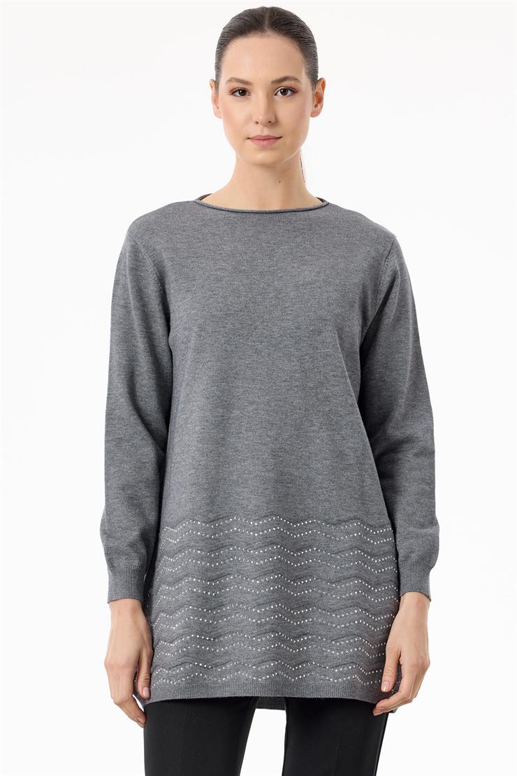 Etek Ucu Taş Detaylı Triko Tunik GRİ