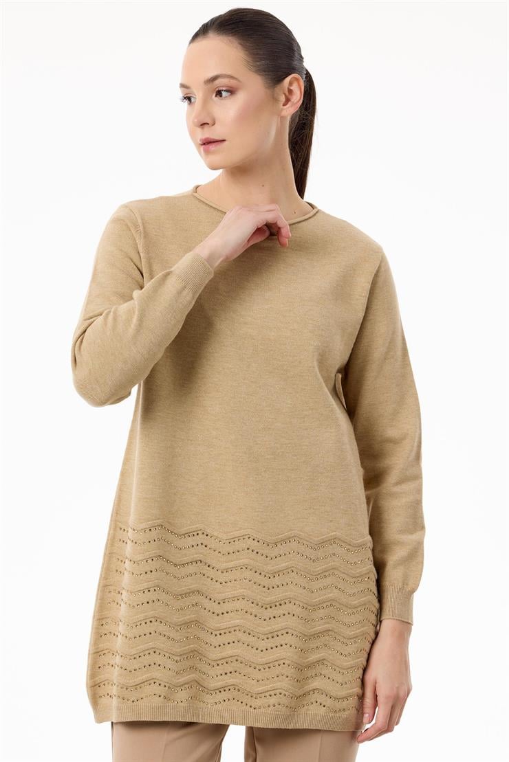 Etek Ucu Taş Detaylı Triko Tunik HAKİ