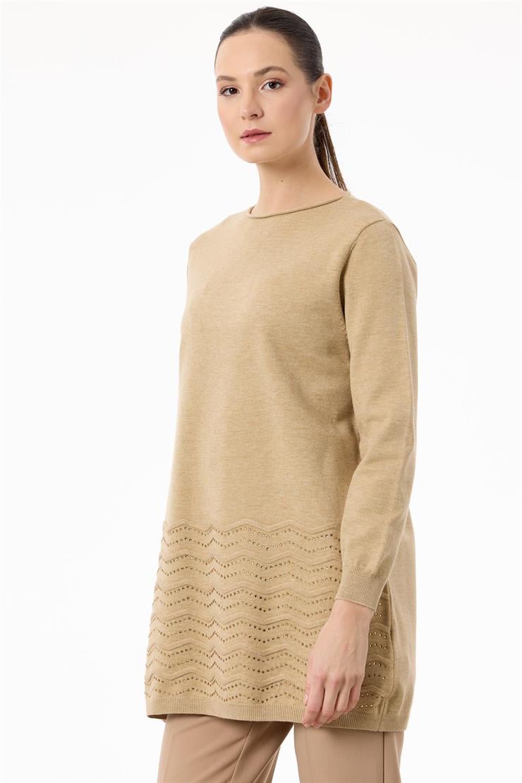 Etek Ucu Taş Detaylı Triko Tunik HAKİ