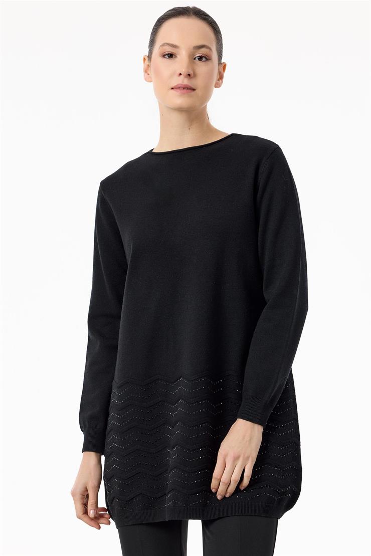 Etek Ucu Taş Detaylı Triko Tunik SİYAH