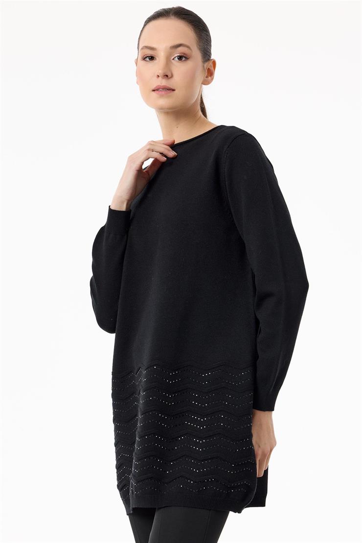 Etek Ucu Taş Detaylı Triko Tunik SİYAH