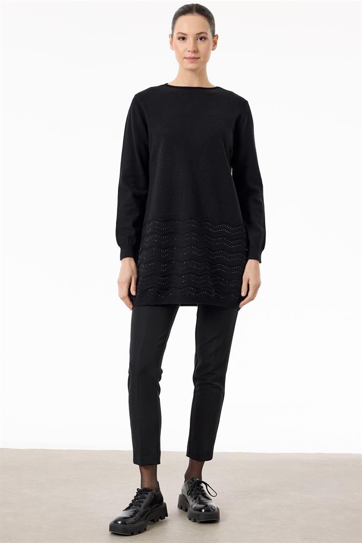 Etek Ucu Taş Detaylı Triko Tunik SİYAH