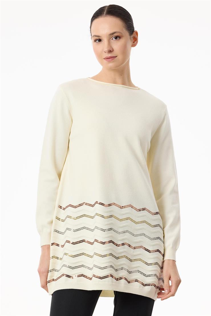 Etek Ucu Zikzak Payetli triko Tunik EKRU
