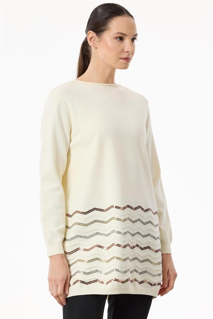 Etek Ucu Zikzak Payetli triko Tunik EKRU