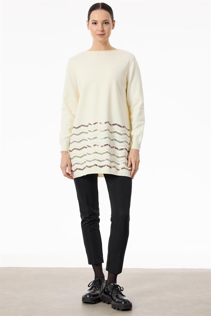 Etek Ucu Zikzak Payetli triko Tunik EKRU
