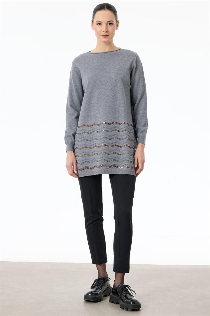 Etek Ucu Zikzak Payetli triko Tunik GRİ