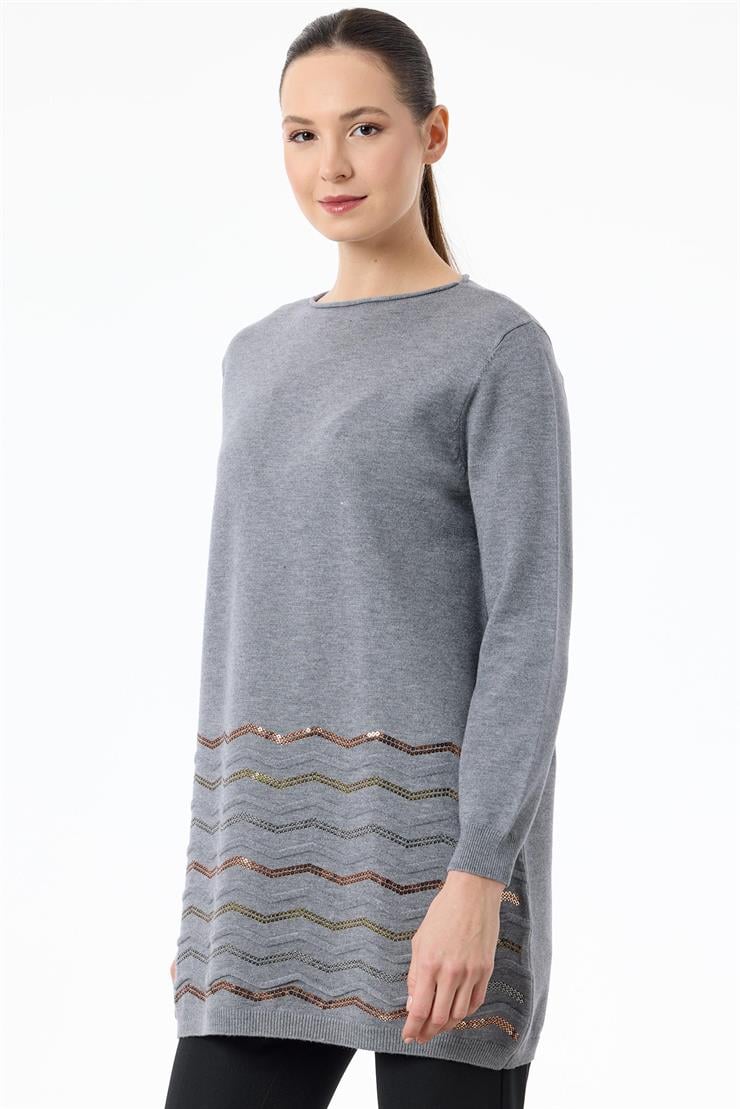 Etek Ucu Zikzak Payetli triko Tunik GRİ