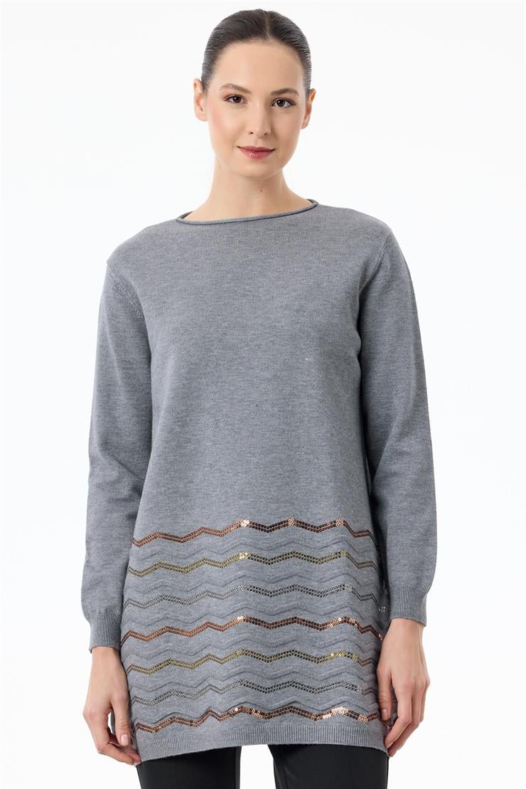 Etek Ucu Zikzak Payetli triko Tunik GRİ