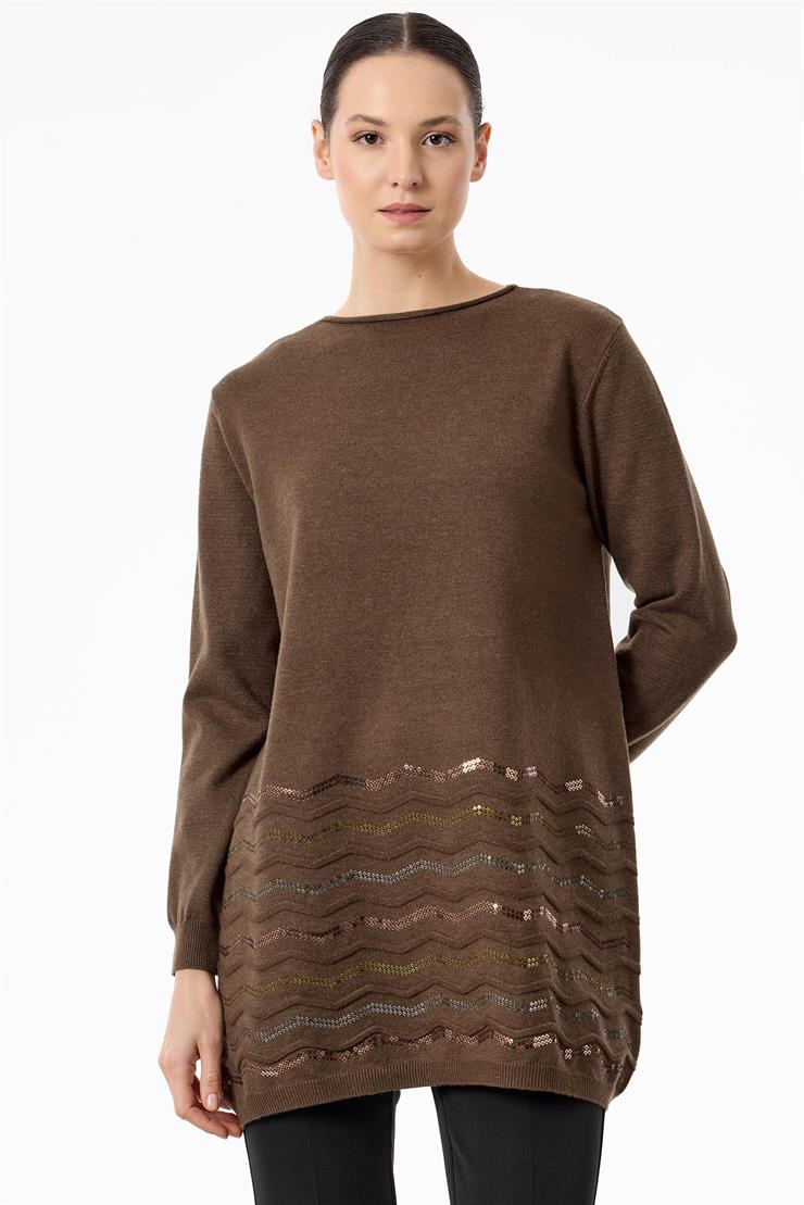 Etek Ucu Zikzak Payetli triko Tunik KAHVE