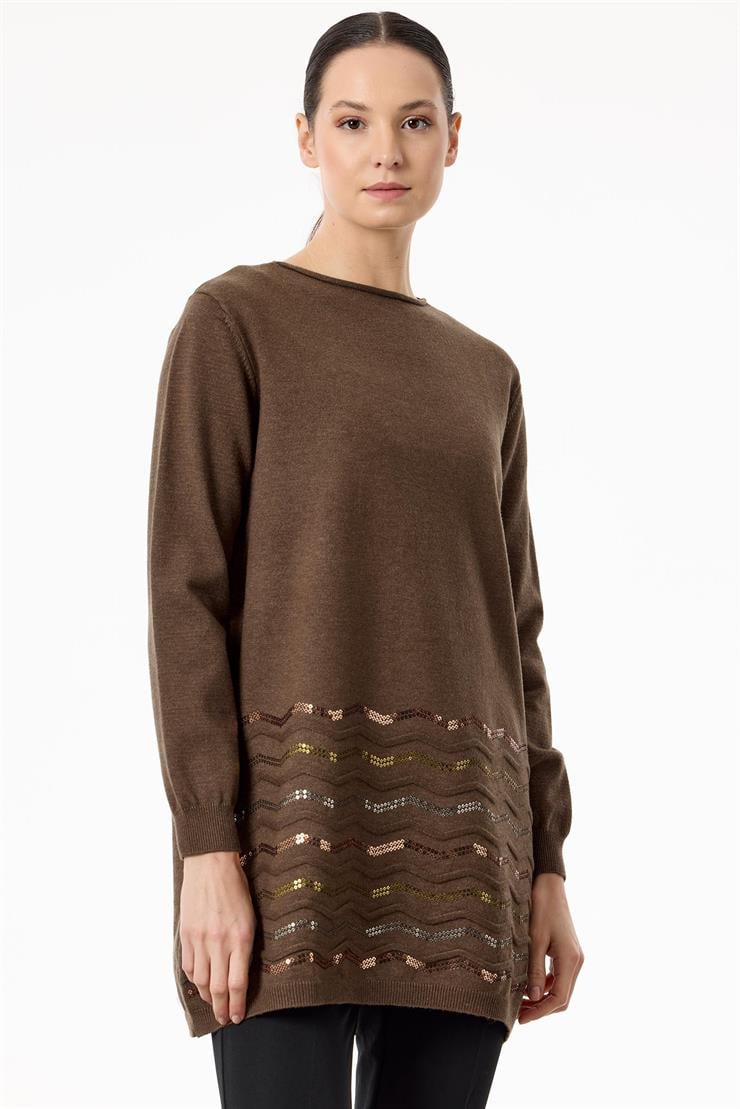 Etek Ucu Zikzak Payetli triko Tunik KAHVE