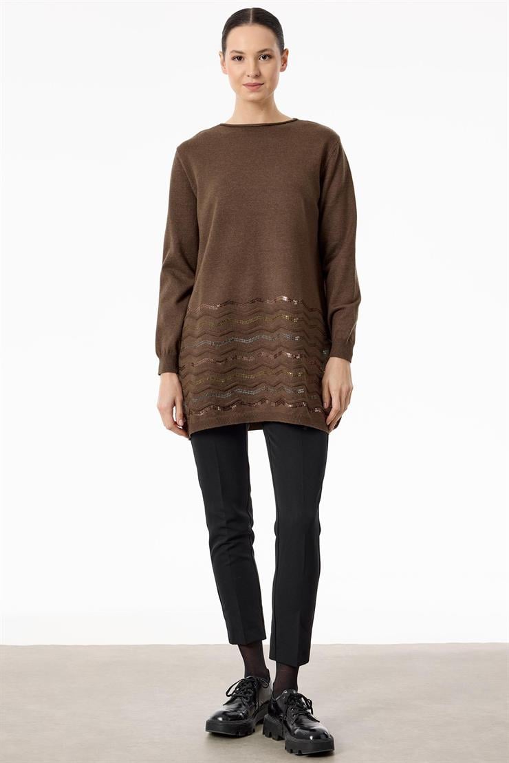 Etek Ucu Zikzak Payetli triko Tunik KAHVE