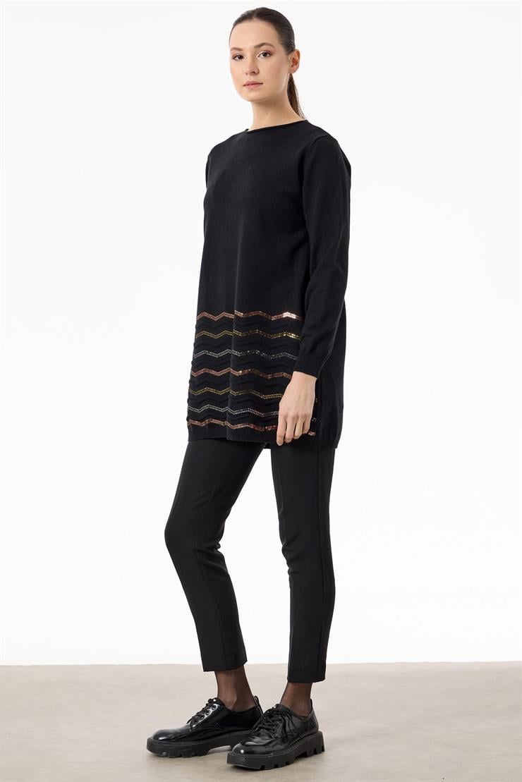 Etek Ucu Zikzak Payetli triko Tunik SİYAH