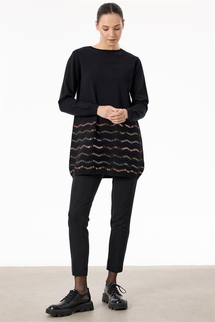 Etek Ucu Zikzak Payetli triko Tunik SİYAH