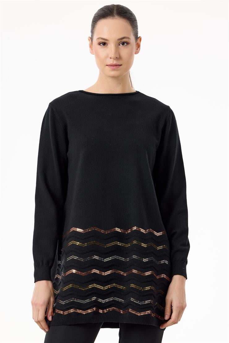 Etek Ucu Zikzak Payetli triko Tunik SİYAH