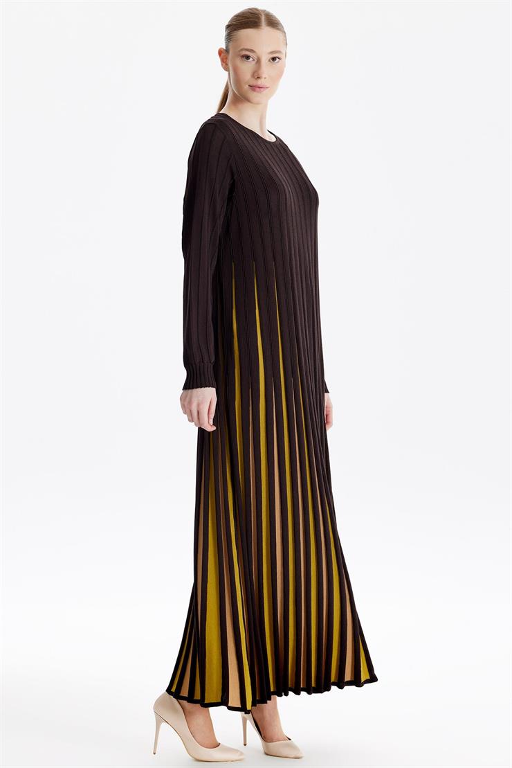 Etekleri Renk Geçişli Elbise KAHVE