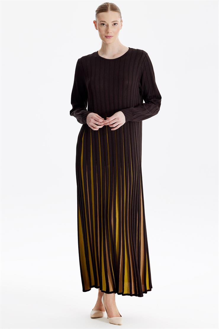 Etekleri Renk Geçişli Elbise KAHVE