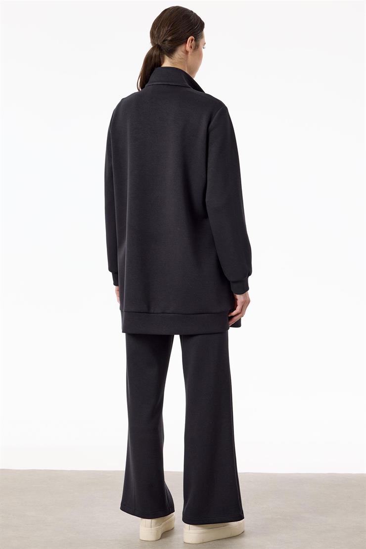 Fermuar Detaylı Emprime Kombinli Pantolonlu Takım SİYAH