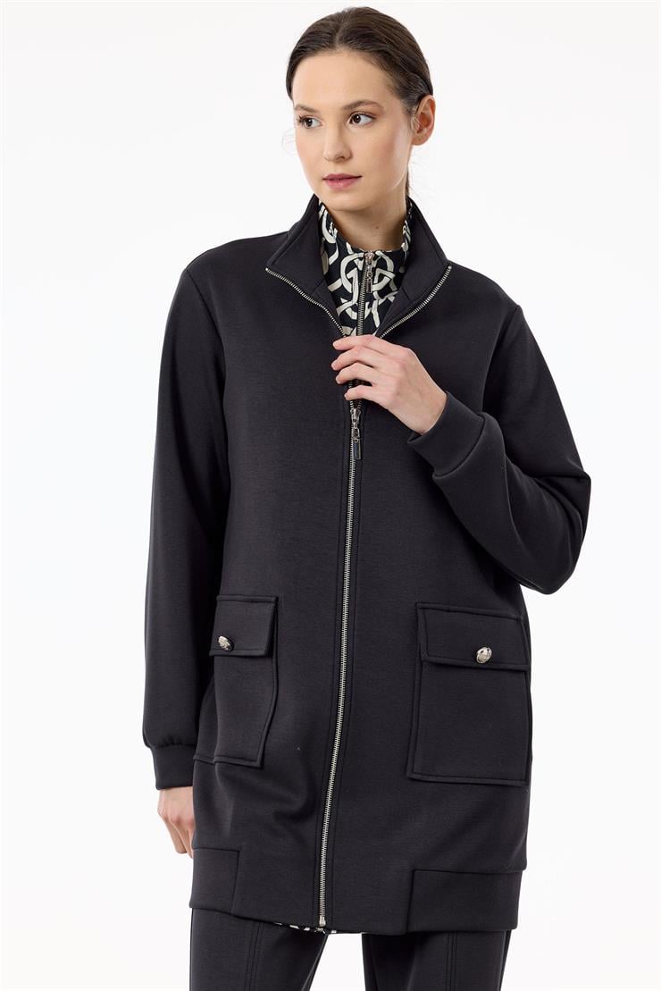 Fermuar Detaylı Emprime Kombinli Pantolonlu Takım SİYAH