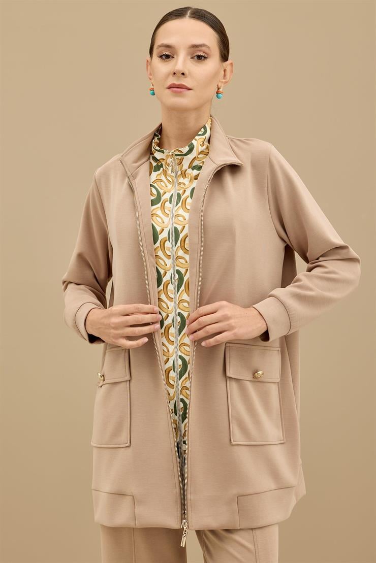 Fermuar Detaylı Emprime Kombinli Pantolonlu Takım CAMEL