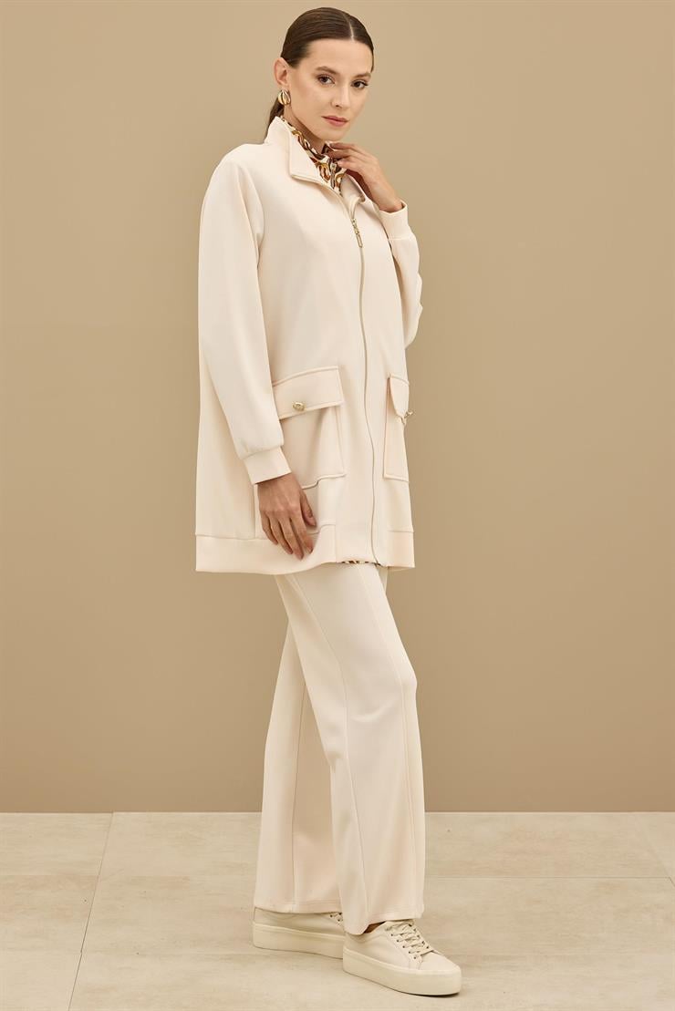 Fermuar Detaylı Emprime Kombinli Pantolonlu Takım BEJ