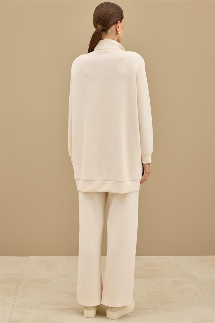 Fermuar Detaylı Emprime Kombinli Pantolonlu Takım BEJ