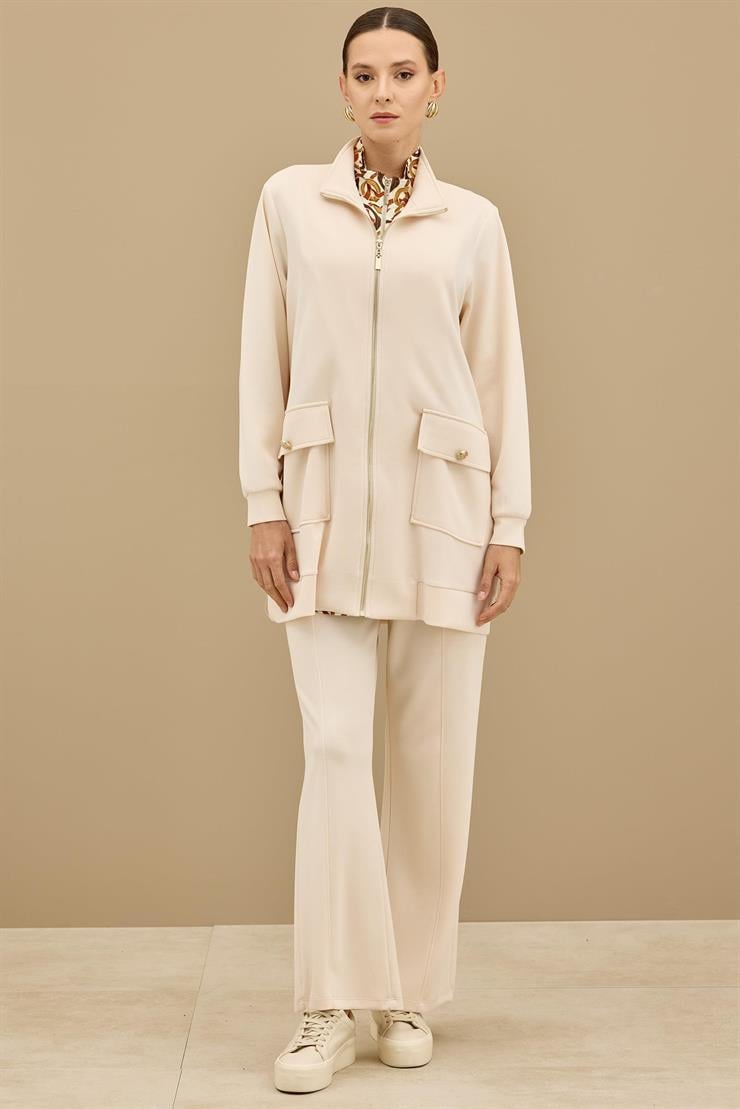 Fermuar Detaylı Emprime Kombinli Pantolonlu Takım BEJ