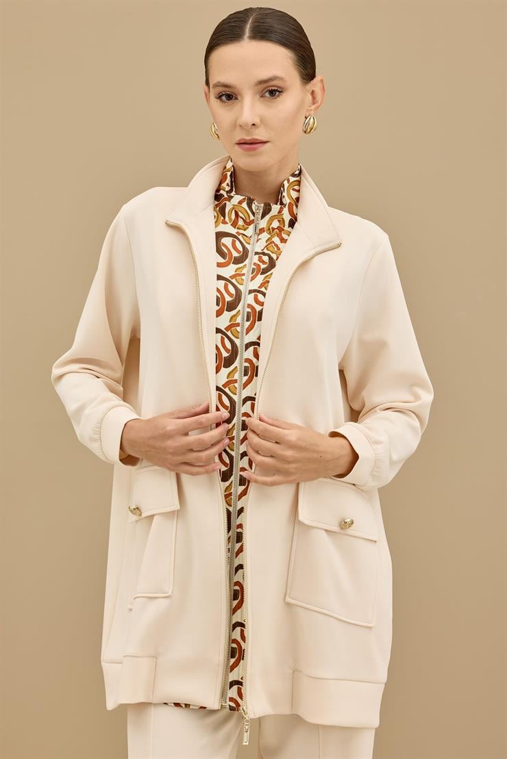 Fermuar Detaylı Emprime Kombinli Pantolonlu Takım BEJ